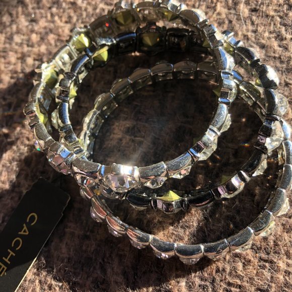 Cache 3 Lot Bundle silver tone stretch bracelets multi size faceted crystals NWT - Picture 5 of 6